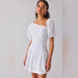 Rare London UO White Eyelet Assymetric Puff Sleeve Mini Dress
